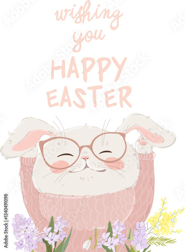 Obraz na płótnie Happy Easter Greeting Card with Cute White Bunny. Vector Illustration w salonie