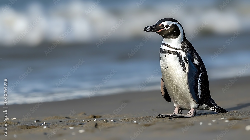 Obraz premium Penguin standing on sandy beach, ocean waves in the background