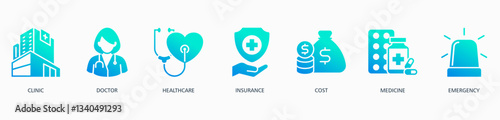 Medicare banner web icon vector illustration concept with icon of clinic, doctor, healthcare, insurance, cost, medicine and emergency 
 