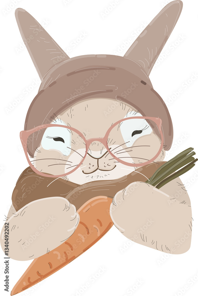 Cute rabbit wearing knitted hat holding carrot. Vector illustration of animal.