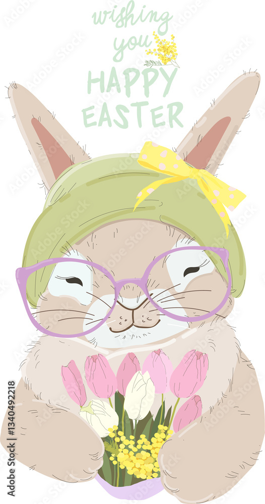 Happy Easter Greeting Card with Cute Bunny. Vector Illustration