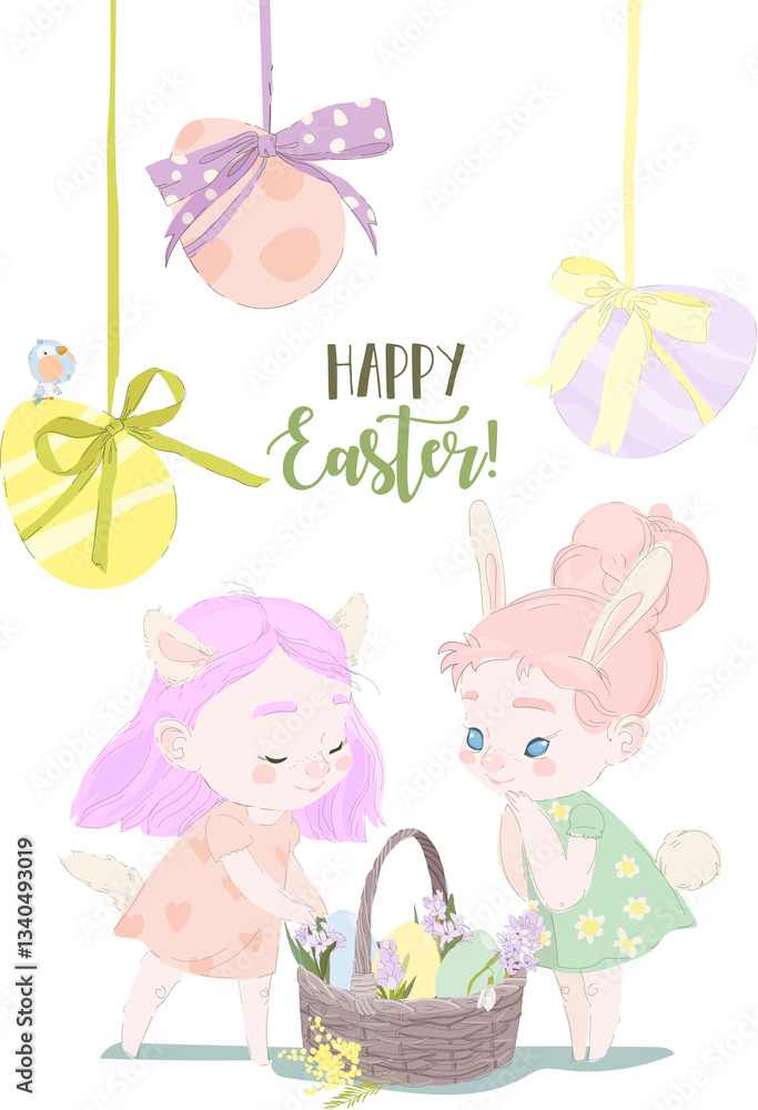 Happy Easter Greeting Card with Cute Girls and Easter Eggs. Vector Illustration