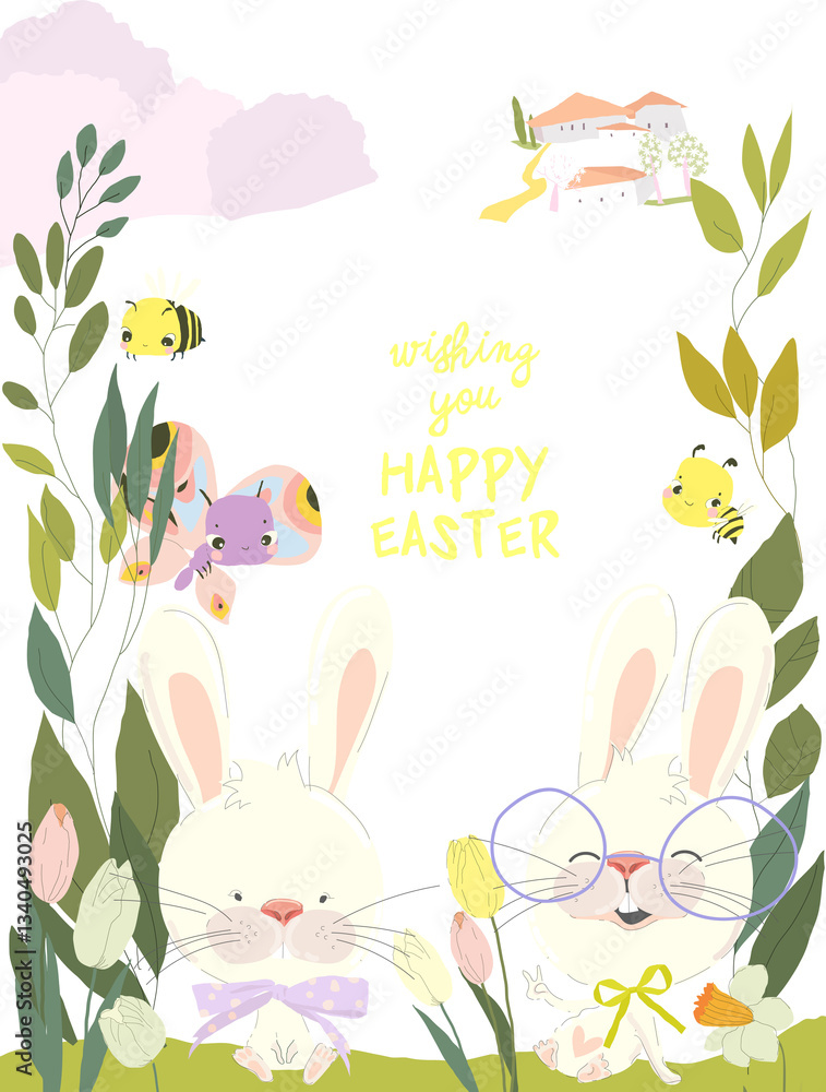 Happy Easter Greeting Card with Cute Bunny. Vector Illustration