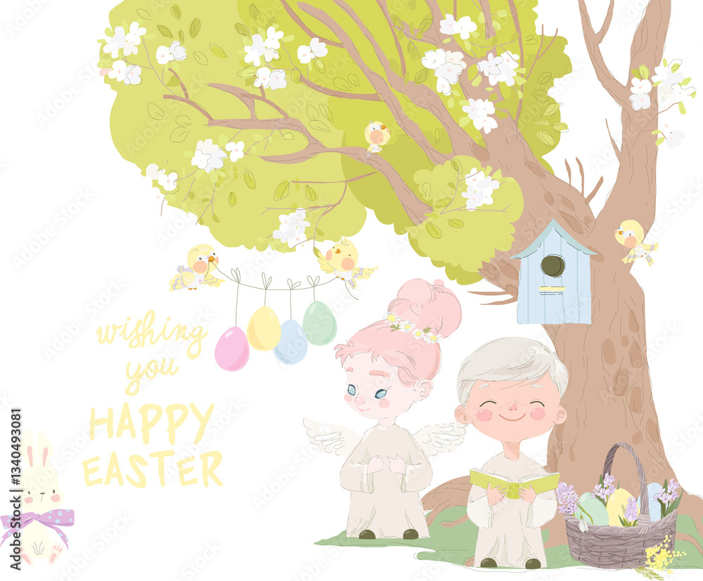 Card for Easter Day with Funny Cartoon Angels. Vector Illustration