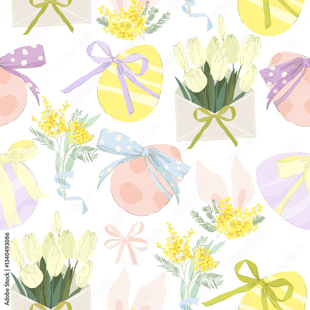 Vector Seamless Pattern with Easter Eggs and Flowers
