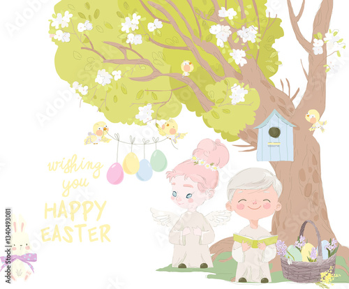 Obraz na płótnie Card for Easter Day with Funny Cartoon Angels. Vector Illustration w salonie