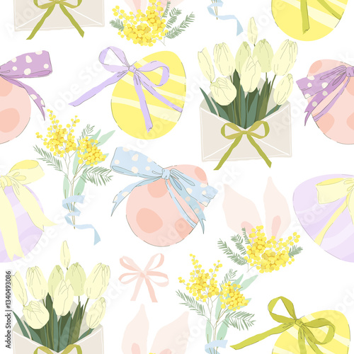 Obraz na płótnie Vector Seamless Pattern with Easter Eggs and Flowers w salonie