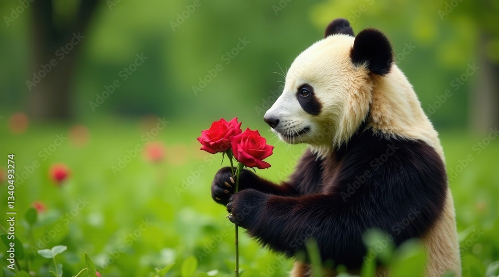 Fototapeta premium Adorable panda carefully holding two vibrant red roses in a lush green meadow
