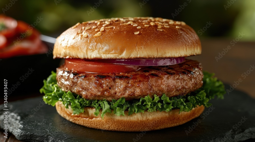 Gourmet Burger on Slate Background with Fresh Ingredients and Textures Gourmet Burger on Slate Background with Fresh Ingredients and Textures