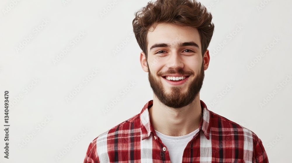 Smiling bearded young male model rejoices coming weekends, dressed casually, isolated over white background. Positive pleased student being in good mood after successfully passed exams at college Smiling bearded young male model rejoices coming weekends, dressed casually, isolated over white background. Positive pleased student being in good mood after successfully passed exams at college
