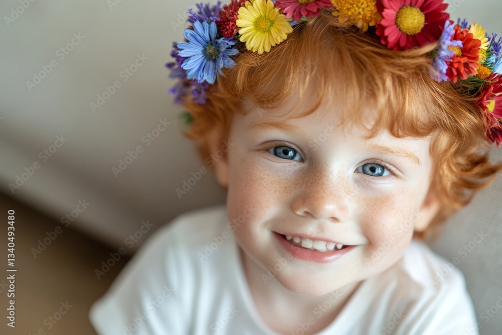 Happy caucasian toddler boy with red hair wearing multi-colored flower circlet on his head. Golden sunrise. Happy sunny days holidays idea art. Smiling little explorer. Happy holidays for kids. Happy caucasian toddler boy with red hair wearing multi-colored flower circlet on his head. Golden sunrise. Happy sunny days holidays idea art. Smiling little explorer. Happy holidays for kids.