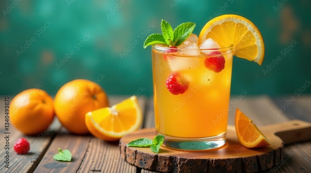 Fototapeta premium Refreshing citrus beverage with ice and raspberries, garnished with orange slices and mint leaves, presented on a rustic wooden surface