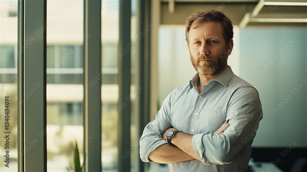 Serious man with short beard in light button-up shirt against modern glass office interior. His contemplative expression creates a professional business portrait with bright natural lighting. Serious man with short beard in light button-up shirt against modern glass office interior. His contemplative expression creates a professional business portrait with bright natural lighting.