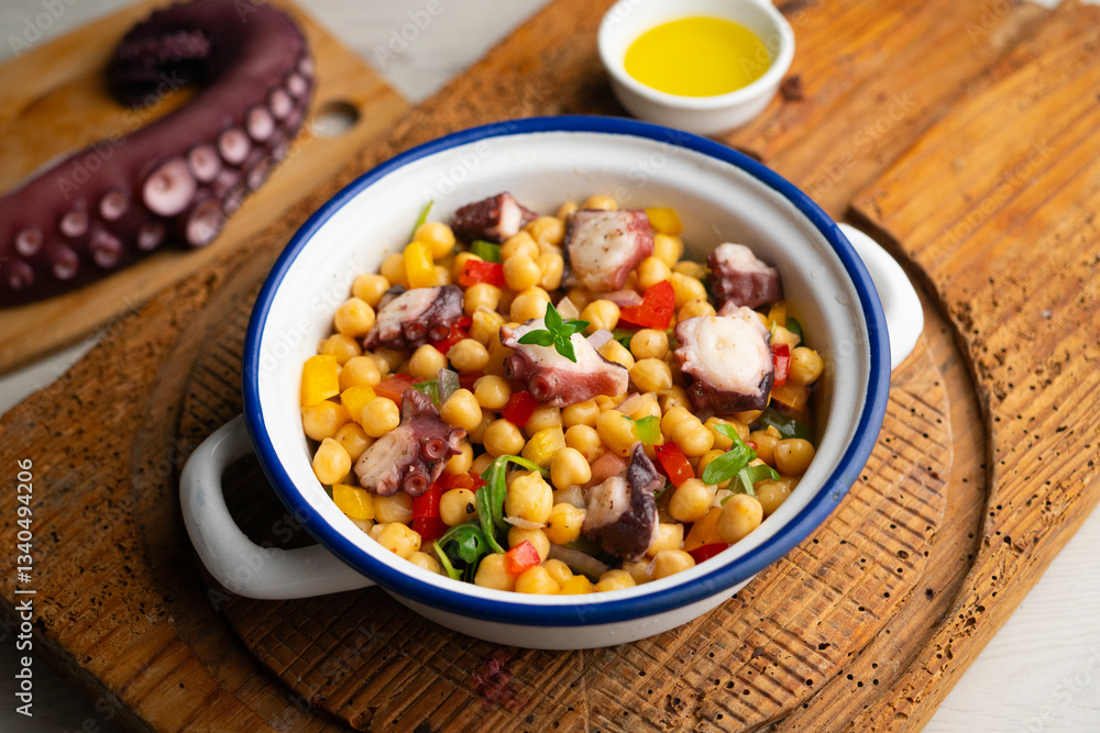 Fototapeta premium Octopus, chickpea, and vegetable salad. Traditional Spanish octopus salpicon tapa recipe.
