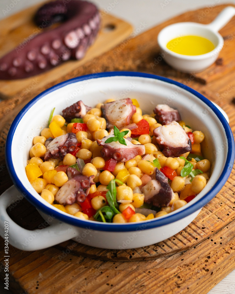 Octopus, chickpea, and vegetable salad. Traditional Spanish octopus salpicon tapa recipe.