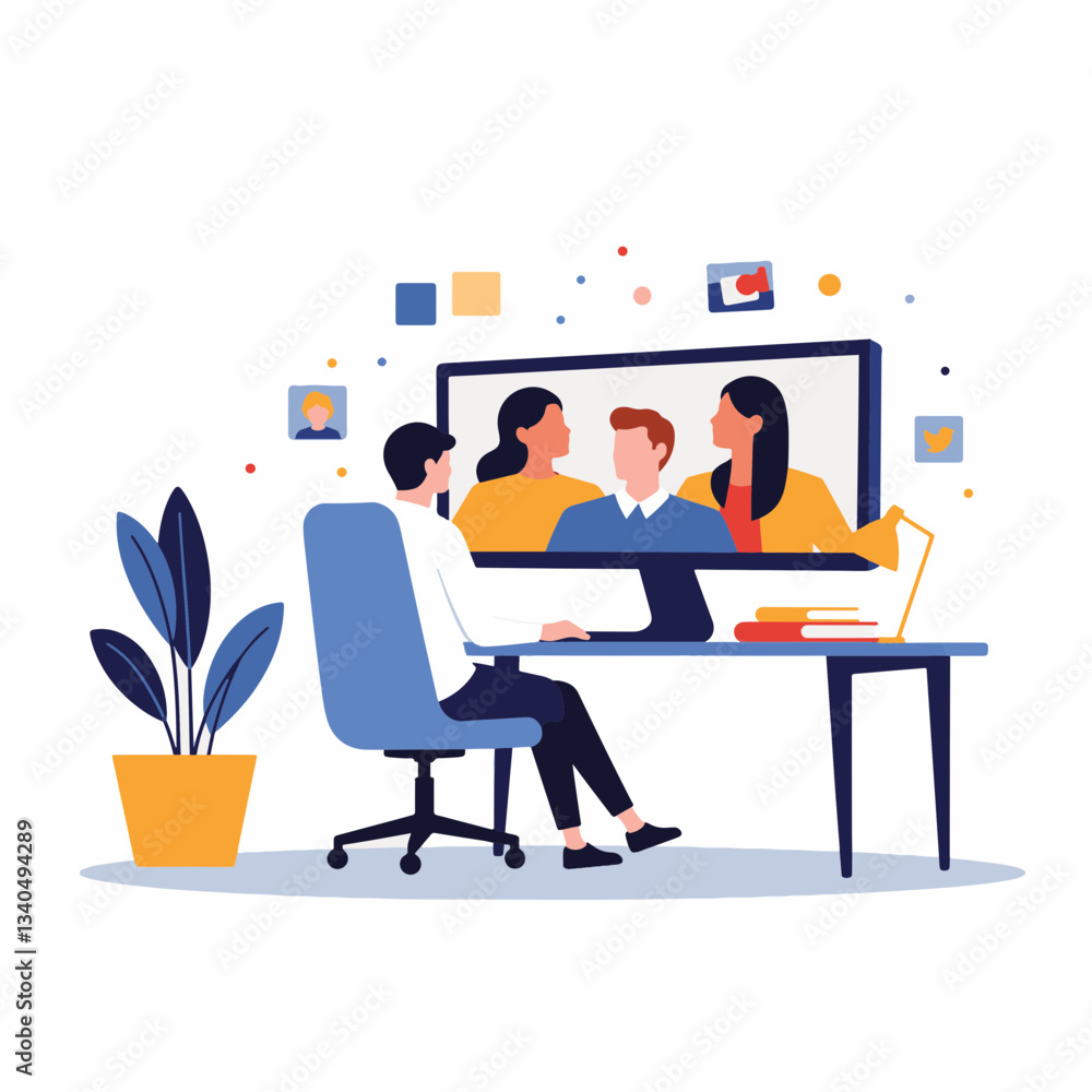 Obraz premium Remote collaboration via video call in a modern home office, teamwork