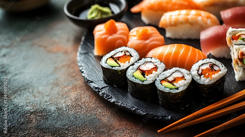 Brown background and sushi serving sushi rolls set for two Brown background and sushi serving sushi rolls set for two