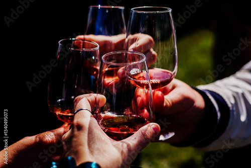 Photography Group clinking glasses of ice wine at vineyard