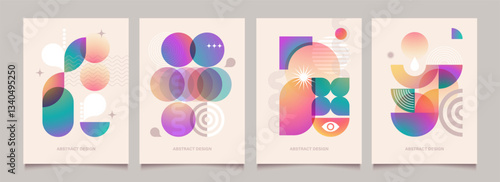 Abstract Geometric design of backgrounds. Posters with line art shapes and gradient elements. Minimal graphic banners templates. Vector retro patterns for cover etc.	