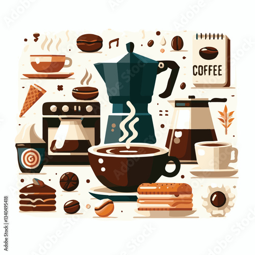 coffee, drink, cup, beverage, hot, morning, caffeine, espresso, cafe, background, black, breakfast, fresh, design, cappuccino, brown, mug, vector, white, mocha, isolated, aroma, set, latte, food, illu