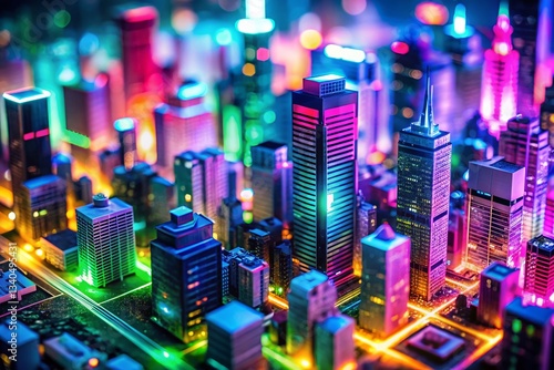 Modern Abstract Neon Art Tilt-Shift Miniature Cityscape Stock Photo
