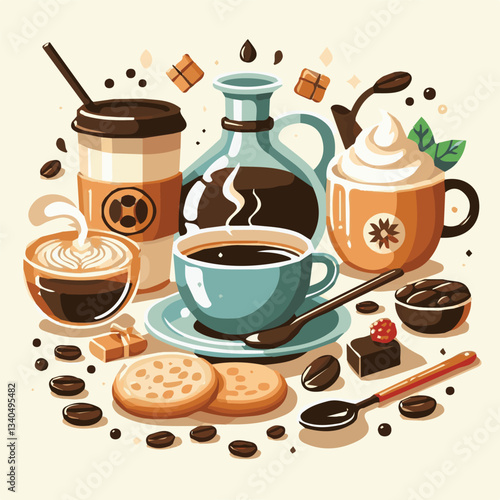 coffee, drink, cup, beverage, hot, morning, caffeine, espresso, cafe, background, black, breakfast, fresh, design, cappuccino, brown, mug, vector, white, mocha, isolated, aroma, set, latte, food, illu