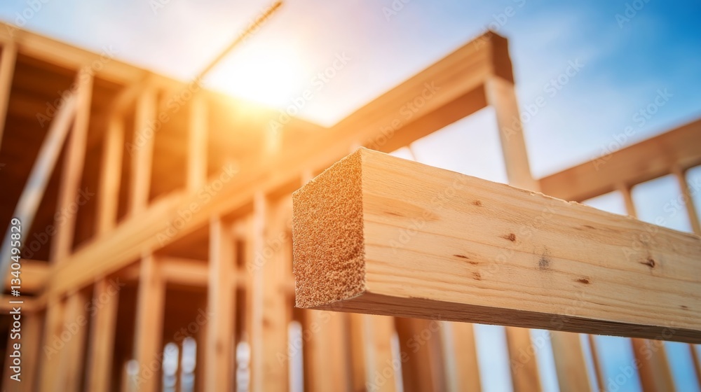 Wood beam in focus with construction site in background during sunset in urban setting Wood beam in focus with construction site in background during sunset in urban setting