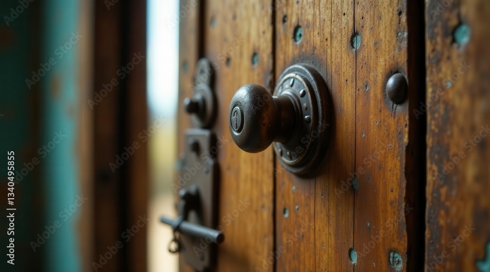 A weathered wooden door with an antique metal knob and latch, hinting at forgotten stories and bygone eras A weathered wooden door with an antique metal knob and latch, hinting at forgotten stories and bygone eras