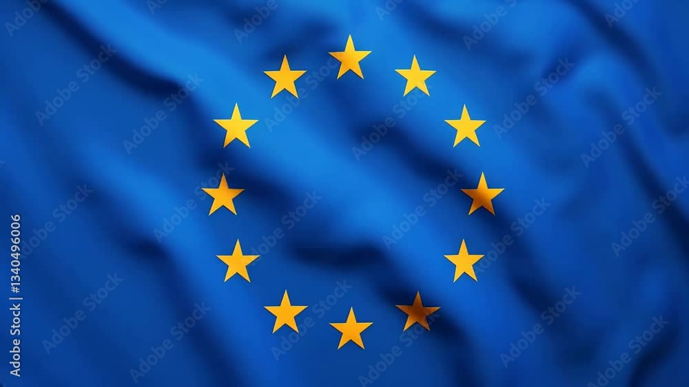 A close-up of a waving blue flag with twelve golden stars of the European Union, which creates a sense of movement and dynamics. A close-up of a waving blue flag with twelve golden stars of the European Union, which creates a sense of movement and dynamics.