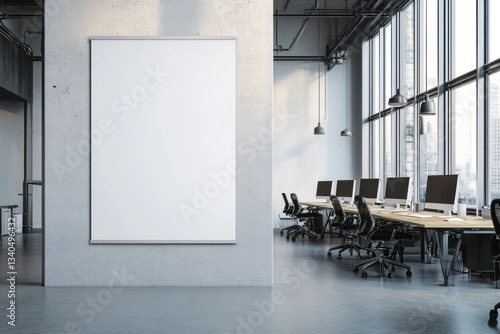 Blank poster in modern open office space overlooking city