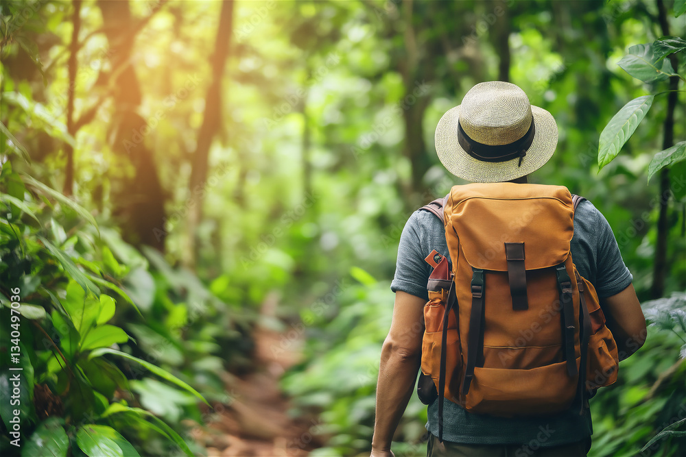 Naklejka premium Person with orange backpack and white hat walking on forest trail with sunlight. Rear view of hiker exploring woodland path surrounded by lush green vegetation in natural sunlit environment.