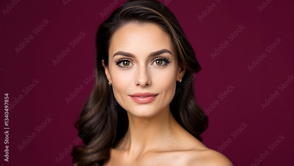 Elegant Woman Portrait in Studio with Mauve Background and Subtle Cosmetics Elegant Woman Portrait in Studio with Mauve Background and Subtle Cosmetics
