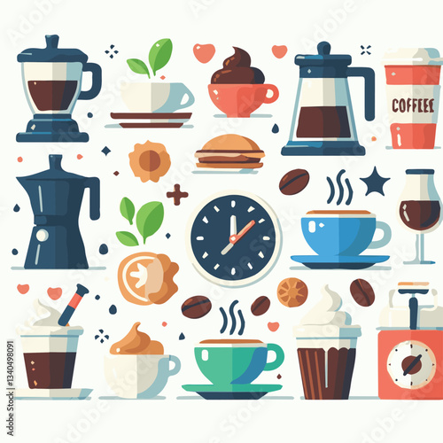 coffee, drink, cup, beverage, hot, morning, caffeine, espresso, cafe, background, black, breakfast, fresh, design, cappuccino, brown, mug, vector, white, mocha, isolated, aroma, set, latte, food, illu