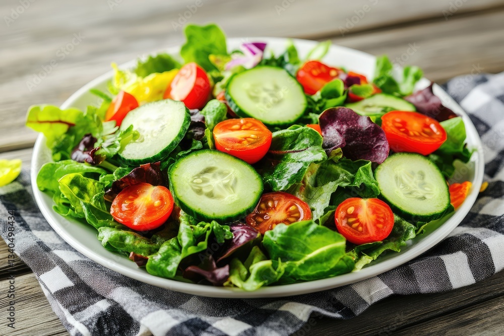 Fresh mixed greens salad on plate on wooden table Fresh mixed greens salad on plate on wooden table