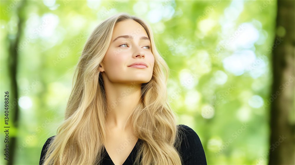 Blonde woman looking up at green tree canopy with sunlight filtering through leaves. Beautiful female with long hair in black top enjoying nature connection moment surrounded by fresh forest foliage. Blonde woman looking up at green tree canopy with sunlight filtering through leaves. Beautiful female with long hair in black top enjoying nature connection moment surrounded by fresh forest foliage.