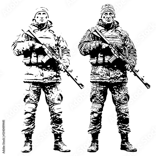 Black and White Ukraine Army Art Ilustration, standing with complete uniform