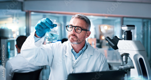 Obraz na plátně Chemical, man and scientist with beaker in laboratory for pharmaceutical experiment, research or innovation