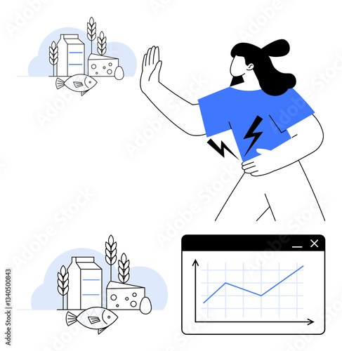 Woman refusing milk, cheese, and fish with hand gesture. Energy symbol on shirt emphasizes data-driven choices. Ideal for nutrition, wellness, analytics, health trends, productivity food
