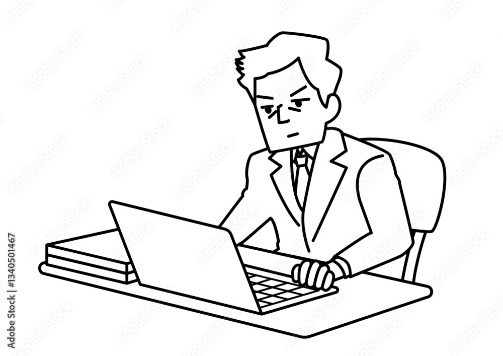 パソコンで仕事をする会社員の線画 パソコンで仕事をする会社員の線画