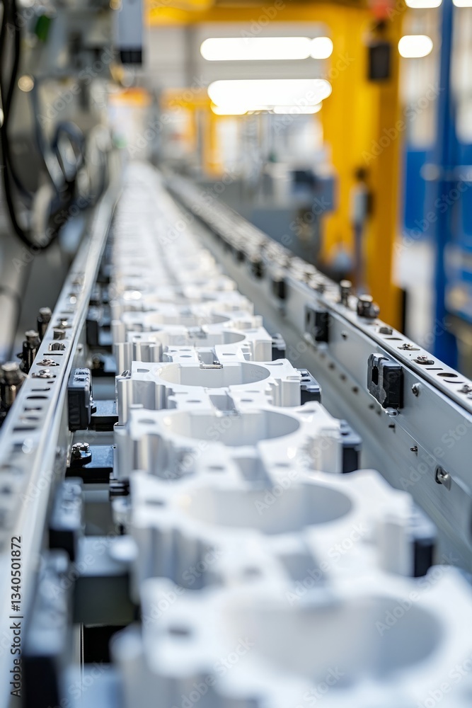 Obraz premium Rows of molded parts line the conveyor. Each piece is checked for smooth edges