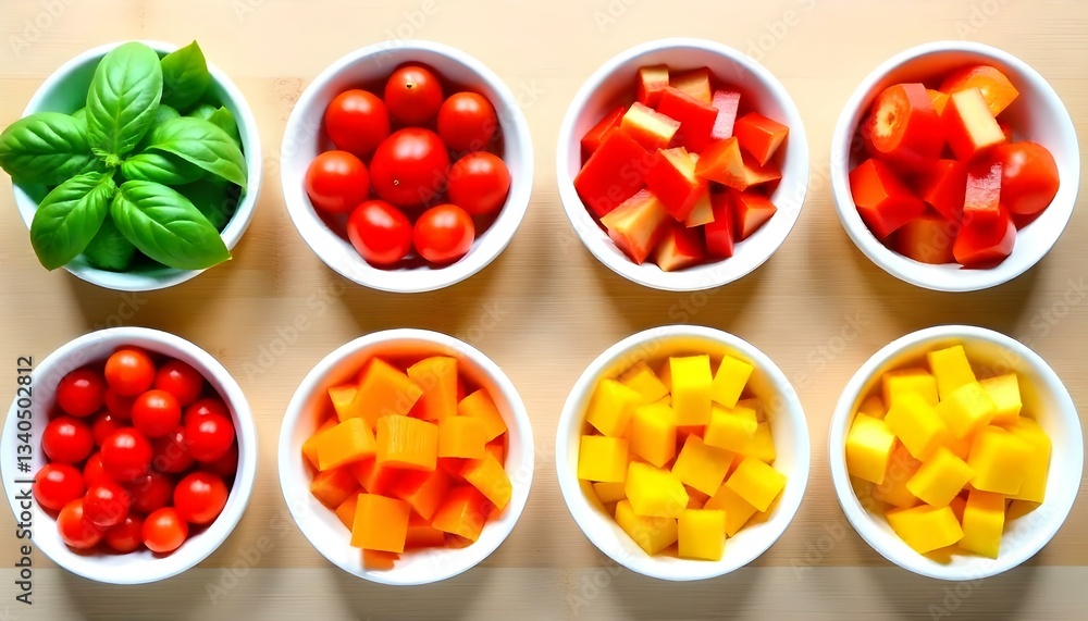 Overhead shot of eight white bowls filled with colorful vegetables and herbs, arranged in two rows of four on a light brown wooden surface Overhead shot of eight white bowls filled with colorful vegetables and herbs, arranged in two rows of four on a light brown wooden surface