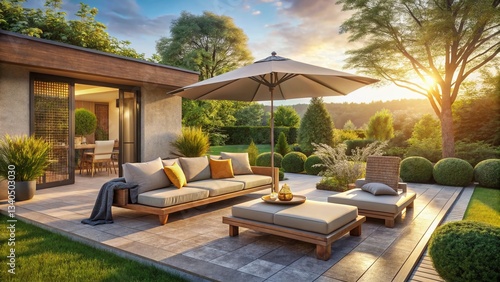 Modern Garden Lounge: Country Cottage Style Patio Furniture, Sofa, Sun Lounger, Umbrella, Long Exposure