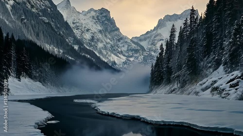 Wallpaper Mural Golden mist rising above frozen river in snowy mountain forest at sunset. 4K video Torontodigital.ca