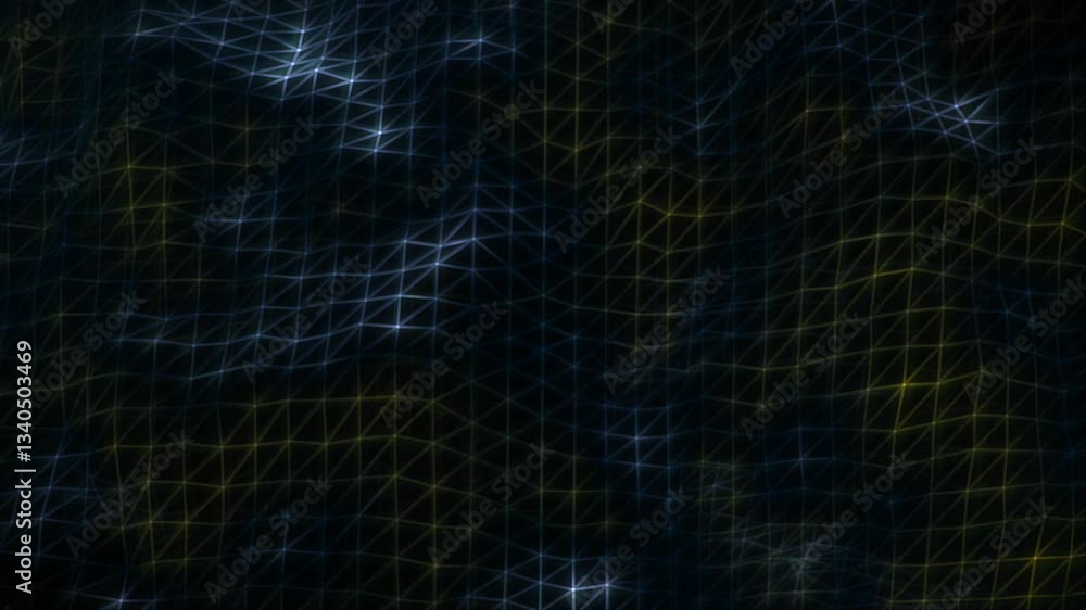 Continuous animation showcasing rotating blue and yellow mesh net layers, highlighted by point lights, with luminous dots marking the intersections of the connecting lines Continuous animation showcasing rotating blue and yellow mesh net layers, highlighted by point lights, with luminous dots marking the intersections of the connecting lines