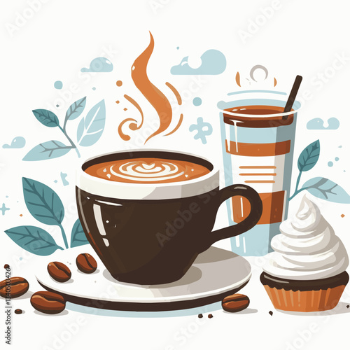 coffee, drink, cup, beverage, hot, morning, caffeine, espresso, cafe, background, black, breakfast, fresh, design, cappuccino, brown, mug, vector, white, mocha, isolated, aroma, set, latte, food, illu