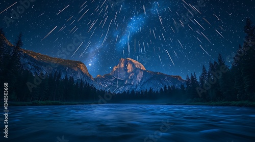 Yosemite Valley at Night with Meteors and Milky Way