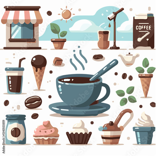 coffee, drink, cup, beverage, hot, morning, caffeine, espresso, cafe, background, black, breakfast, fresh, design, cappuccino, brown, mug, vector, white, mocha, isolated, aroma, set, latte, food, illu