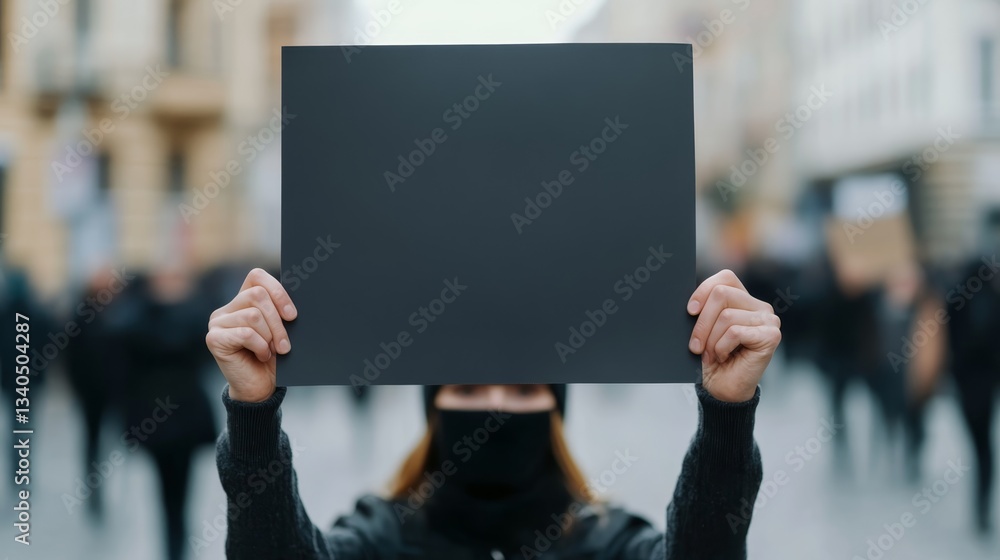 Protestor holds blank sign during demonstration in urban environment, advocating for social change and equality Protestor holds blank sign during demonstration in urban environment, advocating for social change and equality