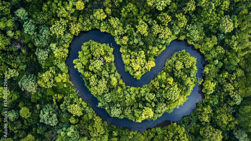 Aerial view of heart-shaped river meander in green forest. Natural landscape concept Aerial view of heart-shaped river meander in green forest. Natural landscape concept