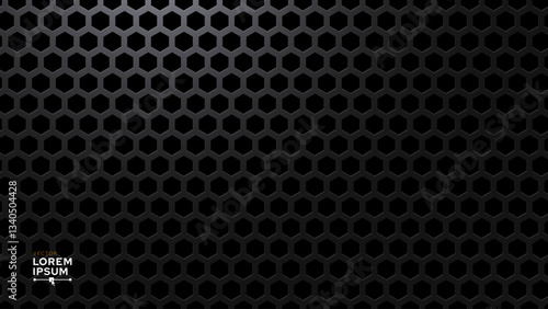 Black Metal Hexagon Grid Steel Background. Hexagonal Holes Perforated Sheet Metal or Carbon Fiber Texture. New Strong Nanomaterial Technology Abstract Vector Illustration. 